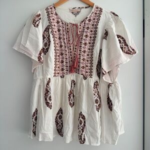 Knox Rose size XL Embroidered Peasant Blouse in White with Burgundy Accents